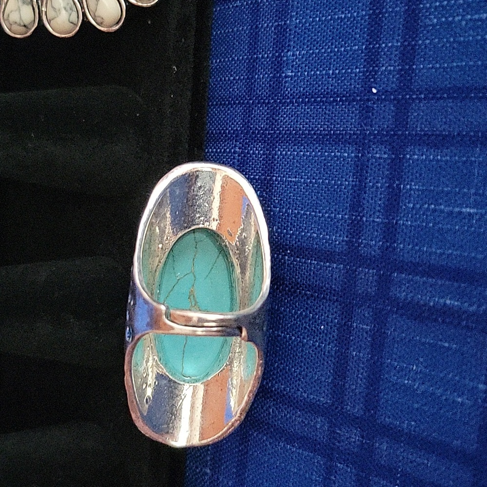 Touquise faux with silver metal Long ring - Picture 2 of 4